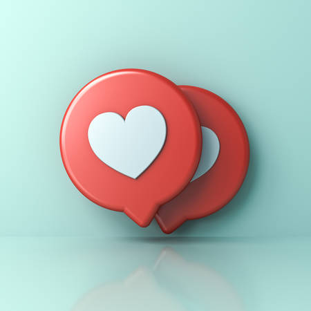 3d social media notification love like heart icons on red round sign pins isolated on light green...