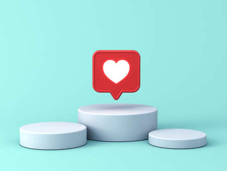 3d social media notification neon light like heart icon in red speech bubble pin on white podium isolated on blue green pastel color background with shadow 3D renderingの写真素材