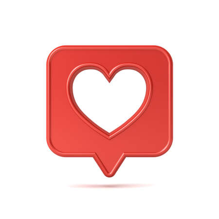 3d social media notification love like icon with hole heart shape on red speech bubble pin isolated on white background with shadow 3D renderingの写真素材
