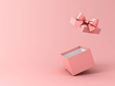 Blank open gift box or present box with pink ribbon bow isolated on pink pastel color background...