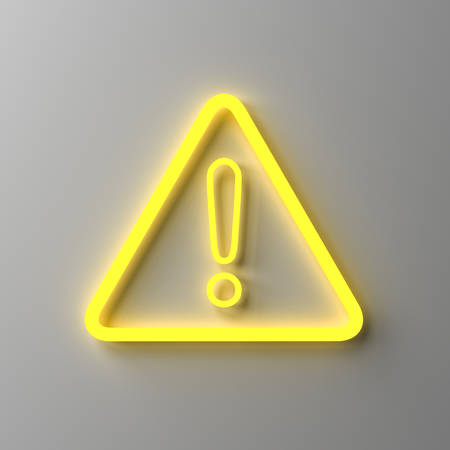 Yellow neon light hazard warning attention sign with exclamation mark symbol isolated on dark white wall background 3D renderingの写真素材