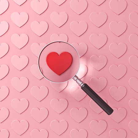 Magnifying glass focusing on red heart among other pink hearts isolated on pink pastel color background with shadow 3D renderingの写真素材