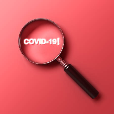 Magnifying glass with neon light covid-19 text isolated on red pastel color background with shadow...