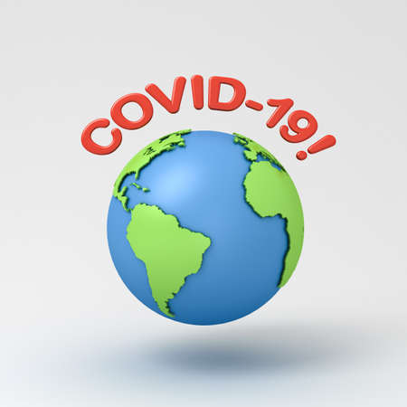 Covid-19 or coronavirus warning text with globe isolated on grey background with shadow 3D renderingの写真素材