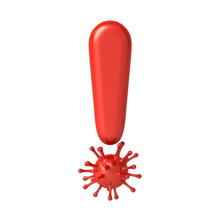 Red exclamation mark mixes with coronavirus or covid-19 creative idea concepts isolated on white background 3D renderingの写真素材