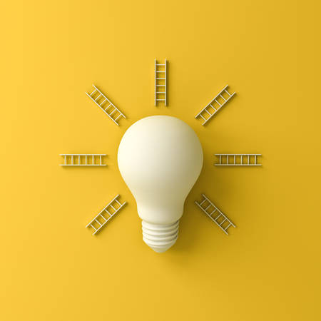 Idea bulb and ray ladders the business concepts isolated on yellow background with shadow 3D renderingの写真素材