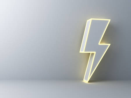 Blank space with neon thunder or lightning isolated over dark white wall background with shadow 3D...