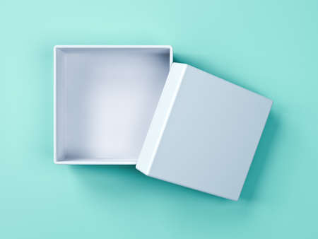 Blank white box open with cover lid isolated on green blue pastel color background with shadow 3D...