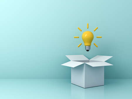 Think outside the box concept bright yellow idea bulb floating outside the white cardboard box...