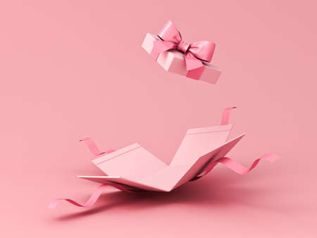 Blank sweet pink pastel color present box or open gift box with pink ribbon and bow isolated on pink background with shadow minimal concept 3D renderingの写真素材