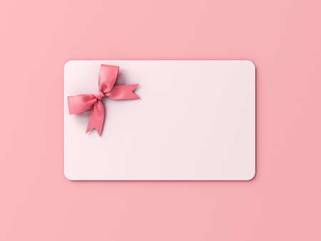 Blank white gift card with pink ribbon bow isolated on pink pastel color background with shadow minimal concept 3D renderingの写真素材
