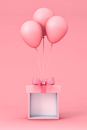 Blank display gift box booth stand with pink pastel color ribbon bow and sweet pink balloons isolated on pink background with shadow minimal conceptual 3D renderingの写真素材