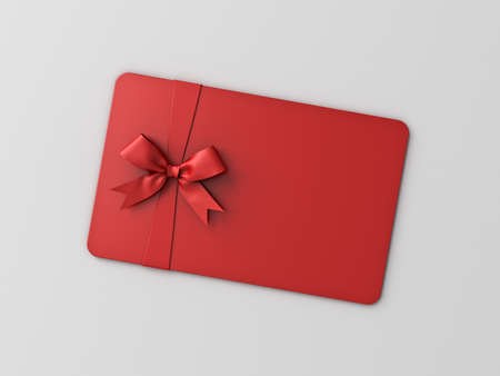 Blank red gift card with red ribbon bow isolated on grey background with shadow minimal conceptual 3D renderingの写真素材