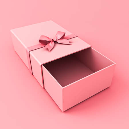 Blank gift sleeve box with pink ribbon bow isolated on pink pastel color background minimal conceptual 3D renderingの写真素材