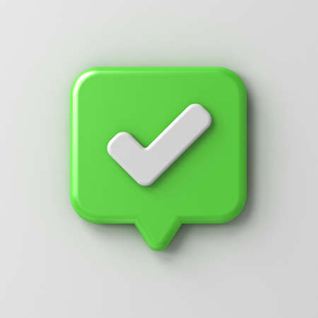 3d social media notification check mark symbol icon on green rounded square chat bubble pin isolated...