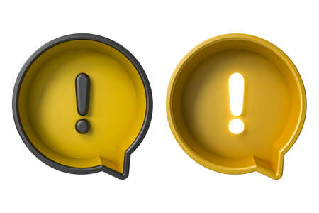 Exclamation mark on yellow round social media notification speech bubble pin isolated on white...