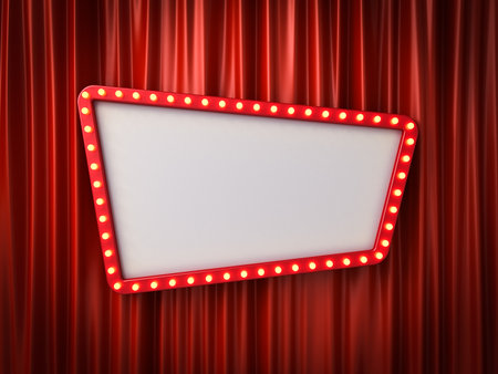 Retro billboard sign or blank shining signboard with glowing yellow neon light bulbs on red curtain background with dim light shadow 3D renderingの写真素材