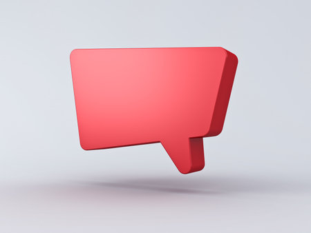 Blank red speech bubble isolated on grey background with shadow minimal conceptual 3D renderingの写真素材