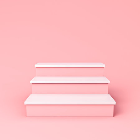 Pink product display stairs shelves isolated on pink pastel color background with shadow minimal conceptual 3D renderingの写真素材