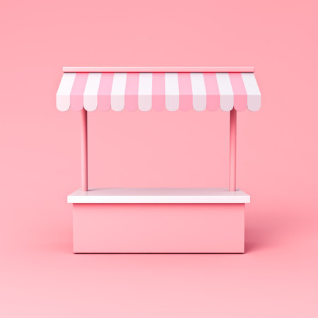 Market stall kiosk stand exhibition booth shop store with product shelf counter or display shop stand with pink striped awning isolated on pink pastel color background minimal concept 3D renderingの写真素材