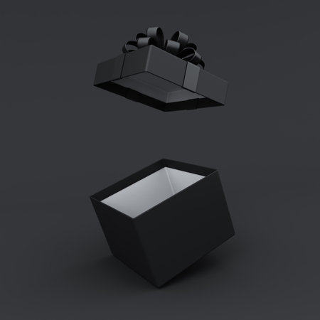 Blank open black gift box or black present box with black ribbons and bow isolated on dark background with shadow minimal black friday sale conceptual 3D renderingの写真素材