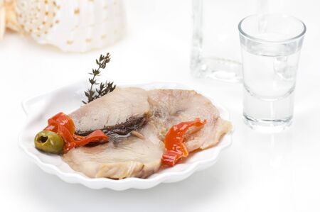 smoked mackerel and pickles served with ouzoの写真素材