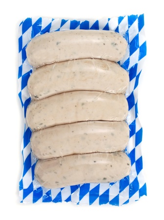 bavarian sausages in a plastic package for a retail marketの写真素材