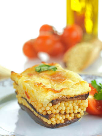 a different mousaka, without meat,,made of couscous,eggplant slices and cheese creamの写真素材