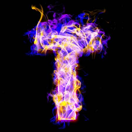 letter t burning with blue and pink colorsの写真素材