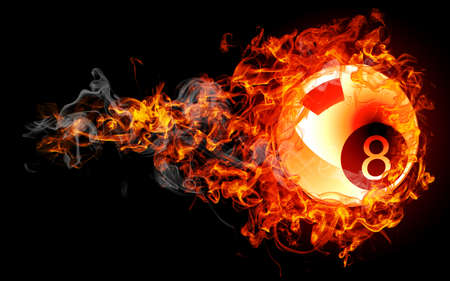 Billiard ball in fire flames isolated on black background.