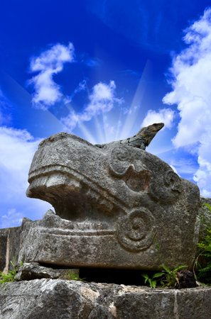 Plumed Serpent, Venus Platform in Chichen Itza wonder of the world, Yucatan Mexicoの写真素材