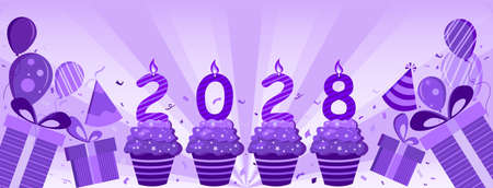 Happy new year 2028. Design card with decoration balloons and gift boxes in shades purple color,...