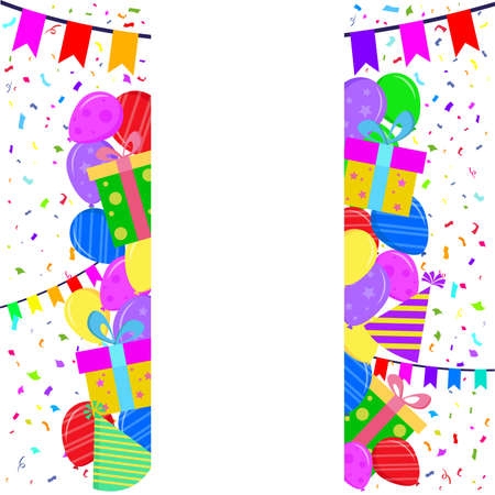 Colorful birthday background with balloons and confetti. Flat style greeting card. vector illustrationのイラスト素材