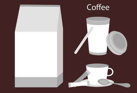 Vector coffee shop. Includes paper cup with top, coffee bag and cup with sugar and cream packets.のイラスト素材