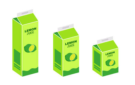 Lemon juice box in different projections on white background. Box with a container of juice isolated. illustration vectorのイラスト素材
