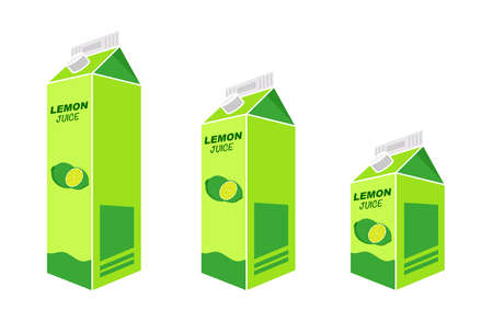 Lemon juice box in different projections on white background. Box with a container of juice isolated. illustration vectorのイラスト素材