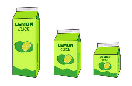 Lemon juice box in different projections on white background. Box with a container of juice isolated. illustration vectorのイラスト素材