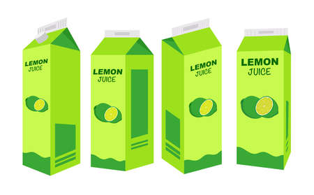 Lemon juice box in different projections on white background. Box with a container of juice isolated. illustration vectorのイラスト素材