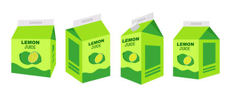 Lemon juice box in different projections on white background. Box with a container of juice isolated. illustration vectorのイラスト素材