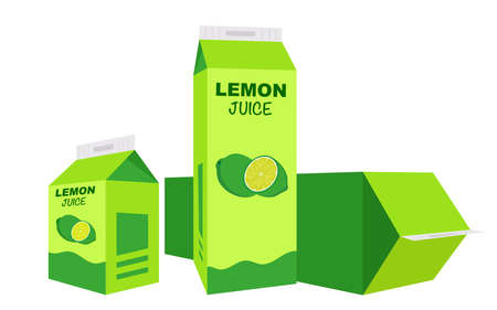 Lemon juice box in different projections on white background. Box with a container of juice isolated. illustration vectorのイラスト素材