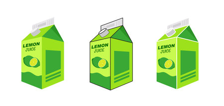 Lemon juice box in different projections on white background. Box with a container of juice isolated. illustration vectorのイラスト素材