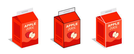 Apple juice box in different projections on white background. Box with a container of juice isolated. illustration vectorのイラスト素材
