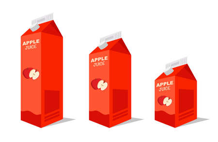 Apple juice box in different projections on white background. Box with a container of juice isolated. illustration vectorのイラスト素材