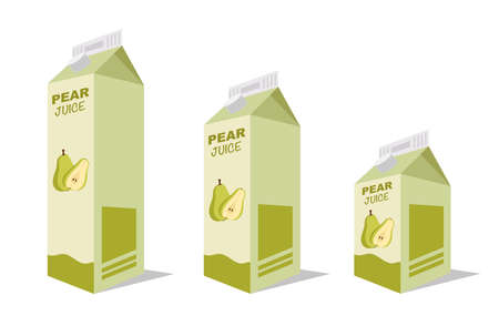 Pear juice box in different projections on white background. Box with a container of juice isolated. illustration vectorのイラスト素材