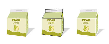 Pear juice box in different projections on white background. Box with a container of juice isolated. illustration vectorのイラスト素材