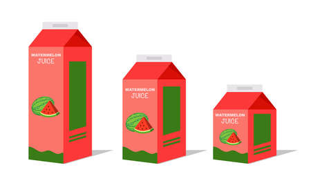Watermelon juice box in different projections on white background. Box with a container of juice isolated. illustration vectorのイラスト素材