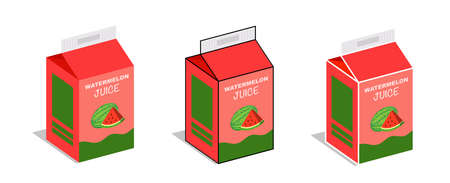 Watermelon juice box in different projections on white background. Box with a container of juice isolated. illustration vectorのイラスト素材