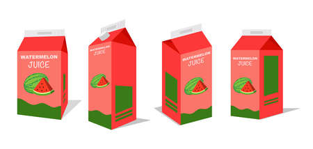 Watermelon juice box in different projections on white background. Box with a container of juice isolated. illustration vectorのイラスト素材