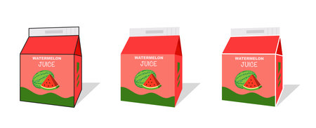 Watermelon juice box in different projections on white background. Box with a container of juice isolated. illustration vectorのイラスト素材