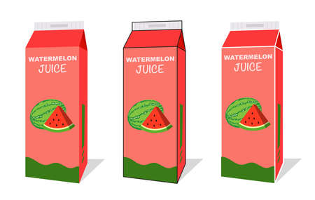 Watermelon juice box in different projections on white background. Box with a container of juice isolated. illustration vectorのイラスト素材
